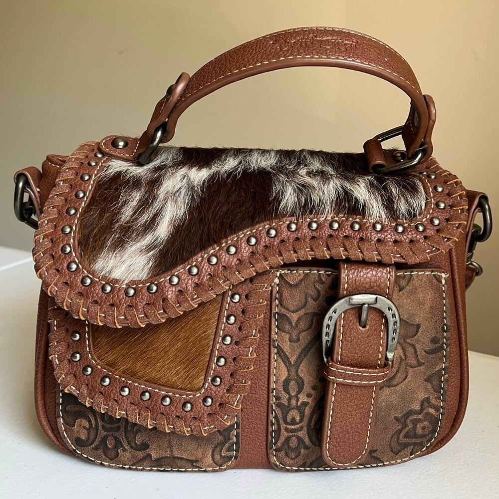Trinity Ranch Western Saddle Cowhide Hair-On Hide Tooled Studded Crossbody Bag
